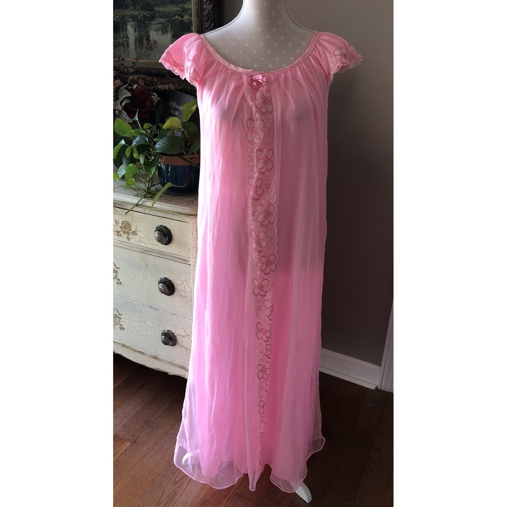 Vintage Nightgown Double Layer Nylon Chiffon Lace Babydoll Pink Women's Large